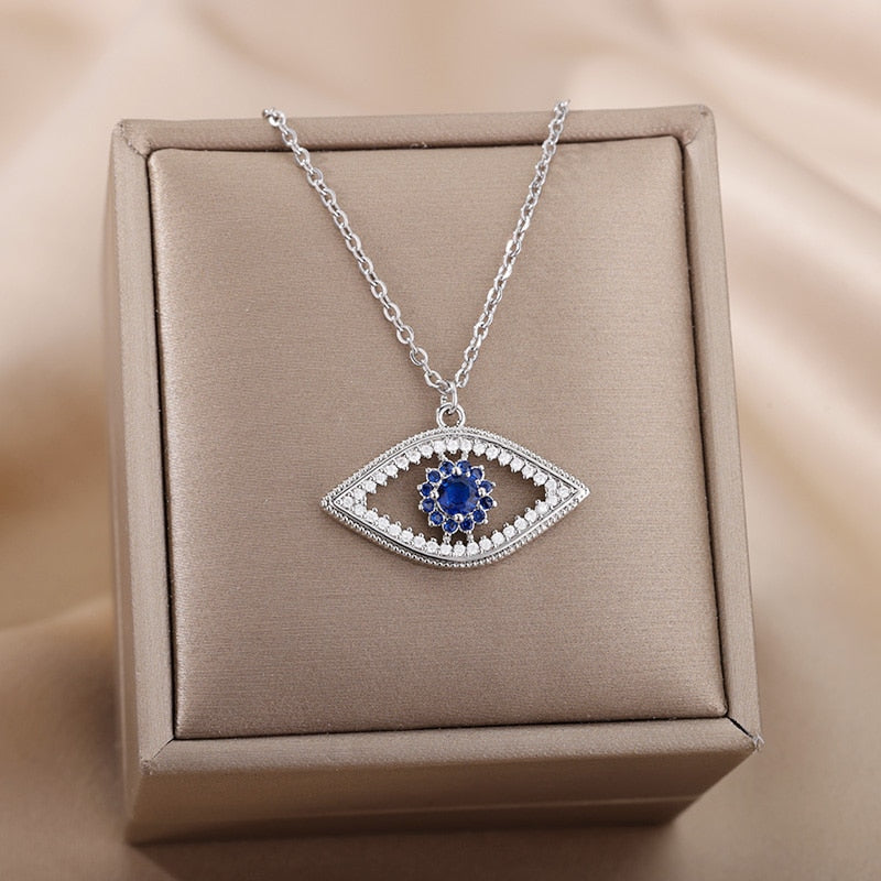 Turkish Evil Eye Gold Pendant Necklace for Women | Natural Crystal Cubic Zirconia