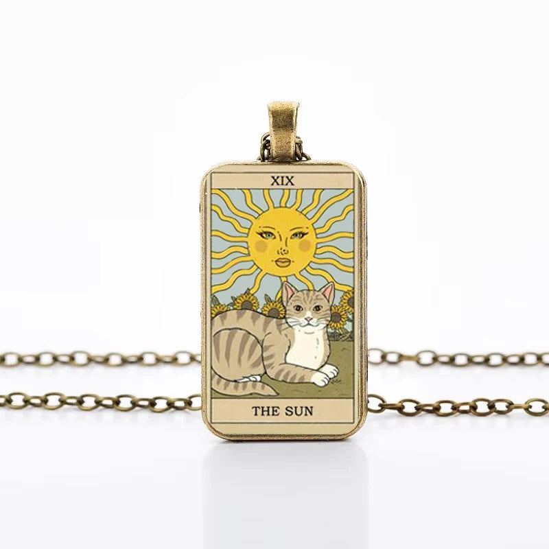 Cute Cat Tarot Card Necklace, Vintage Antique Gold Plated Divination Jewelry