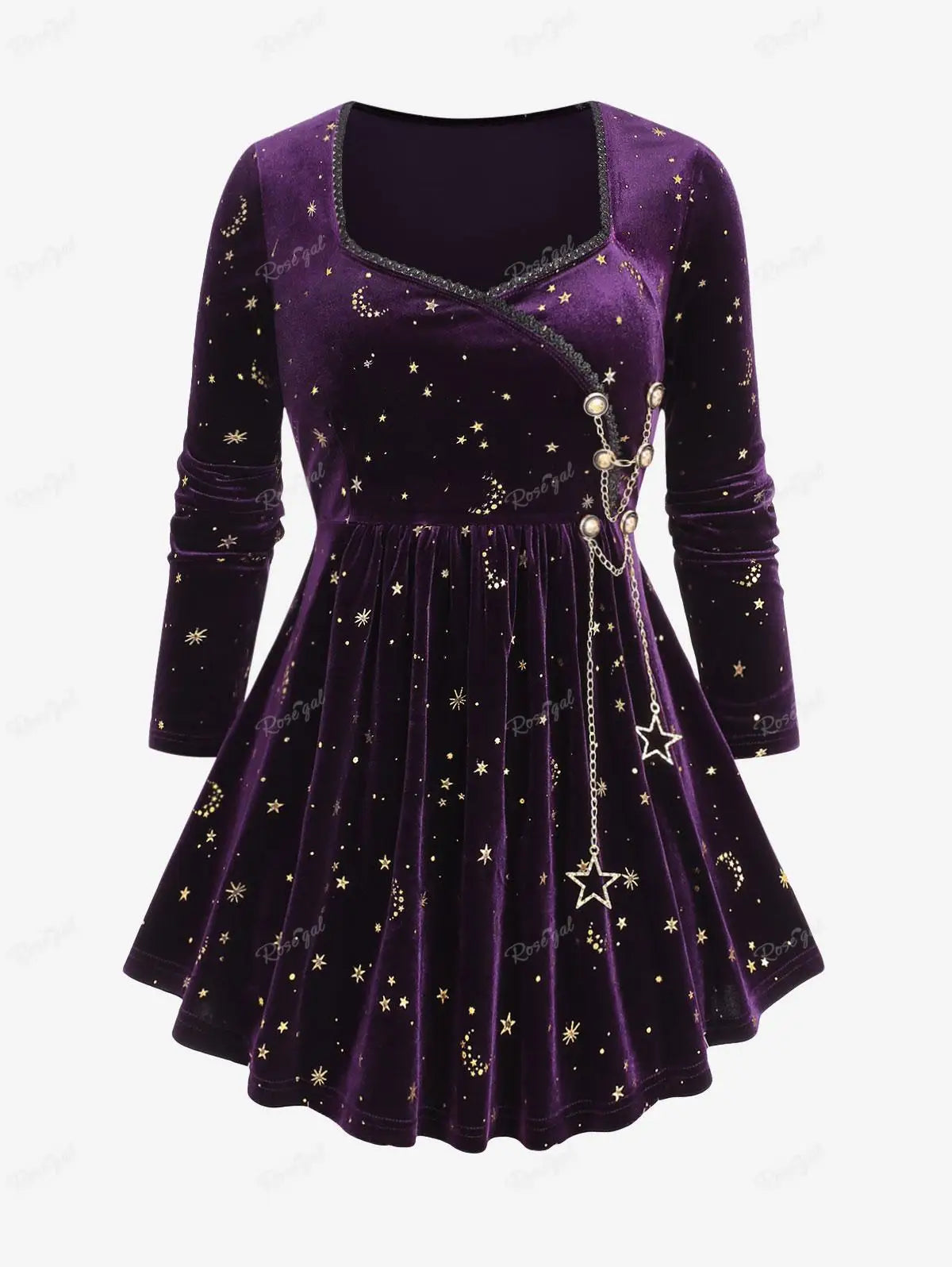 Whimsigothic Celestial Velvet Dress, Gothic Style Starry Moon Lace Dress
