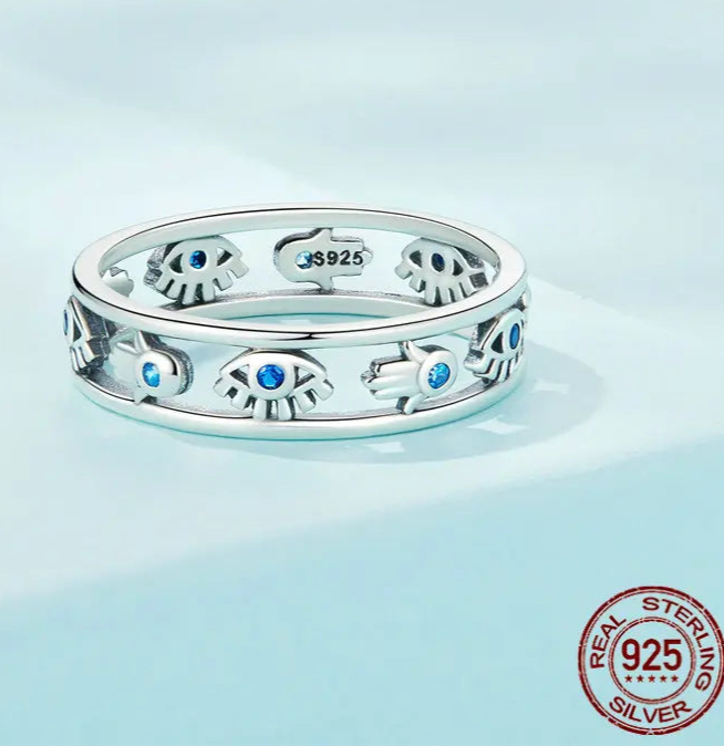 925 Sterling Silver Blue Evil Eye Protection Ring For Women
