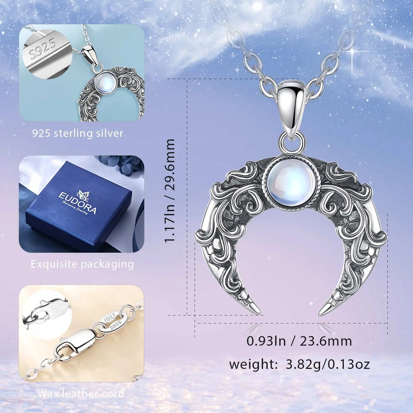 925 Sterling Silver Moon Necklace for Women, Moonstone Amulet Pendant