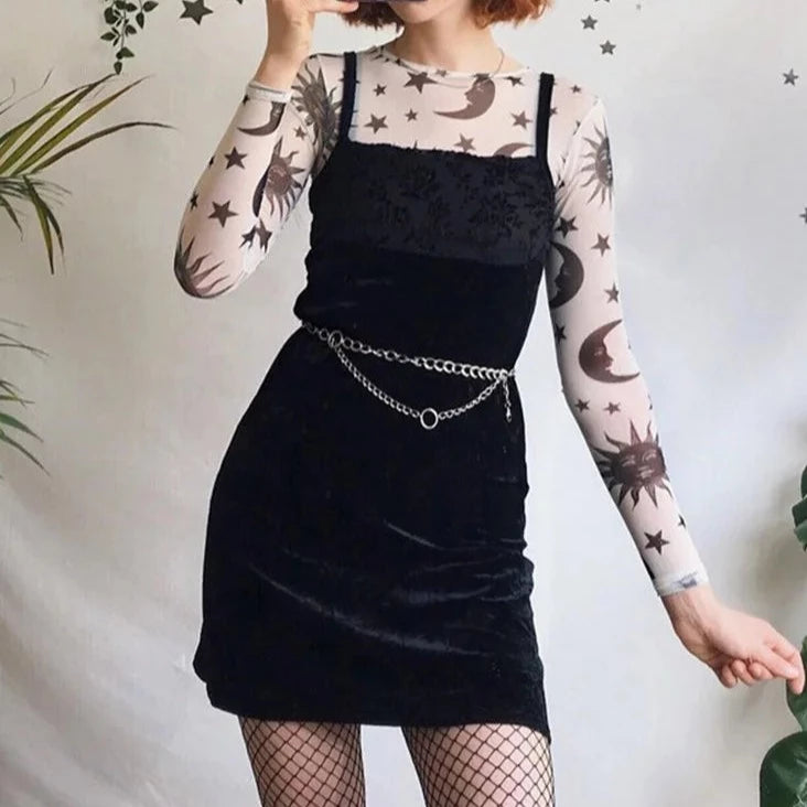 Celestial Sun - Moon Transparent Mesh Long-Sleeve Shirt | Whimsigoth