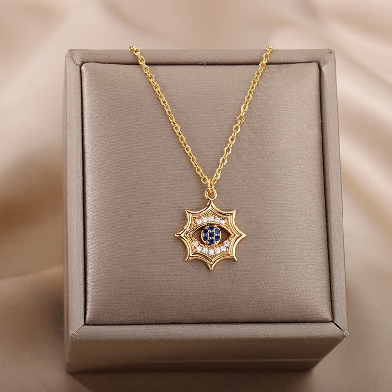Turkish Evil Eye Gold Pendant Necklace for Women | Natural Crystal Cubic Zirconia