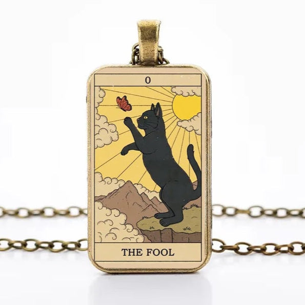 Cute Cat Tarot Card Necklace, Vintage Antique Gold Plated Divination Jewelry