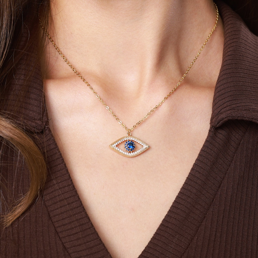 Turkish Evil Eye Gold Pendant Necklace for Women | Natural Crystal Cubic Zirconia