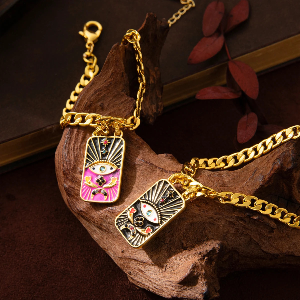 Gold - Pink Evil Eye Heavy Chain Necklace & Bracelet