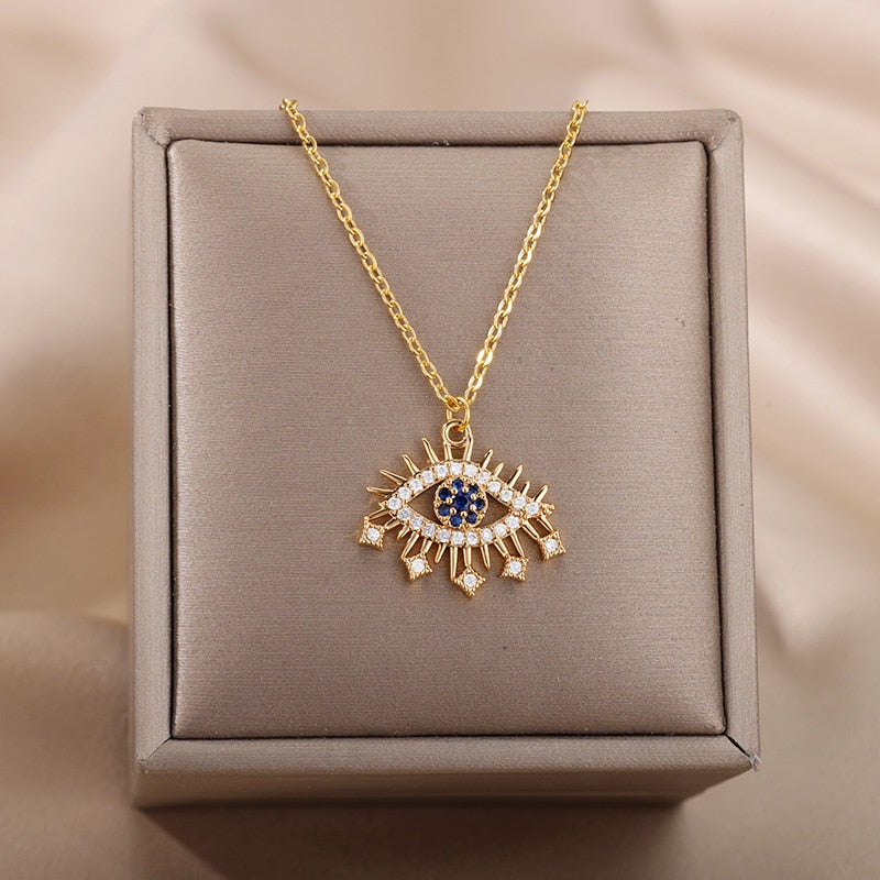 Turkish Evil Eye Gold Pendant Necklace for Women | Natural Crystal Cubic Zirconia
