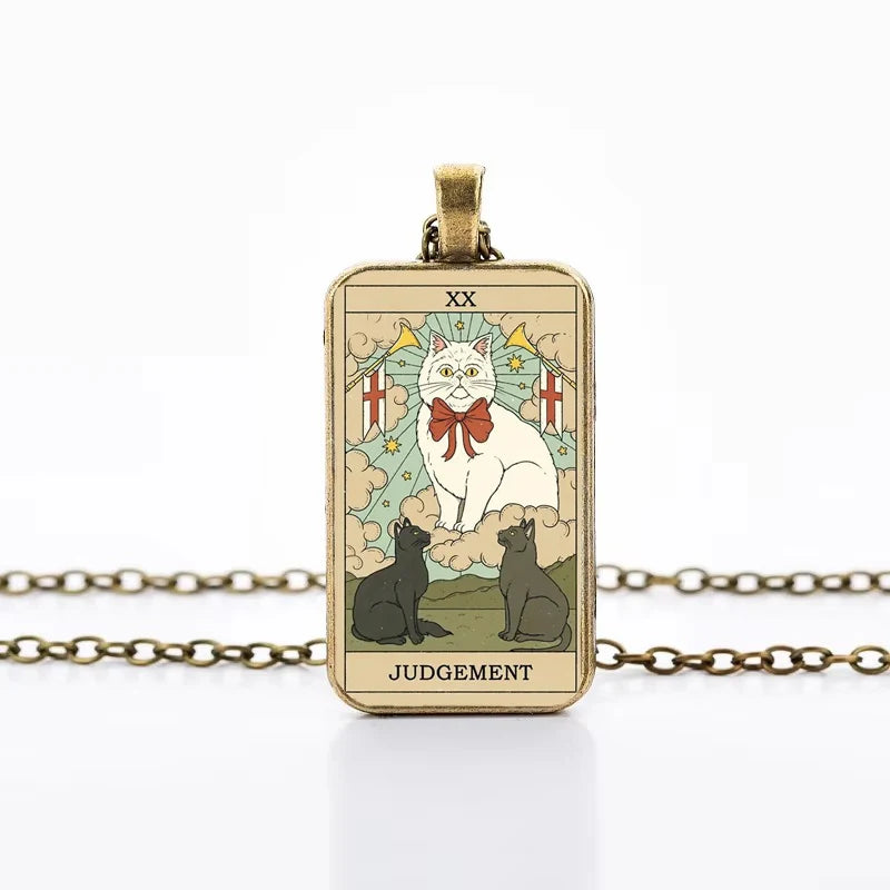 Cute Cat Tarot Card Necklace, Vintage Antique Gold Plated Divination Jewelry