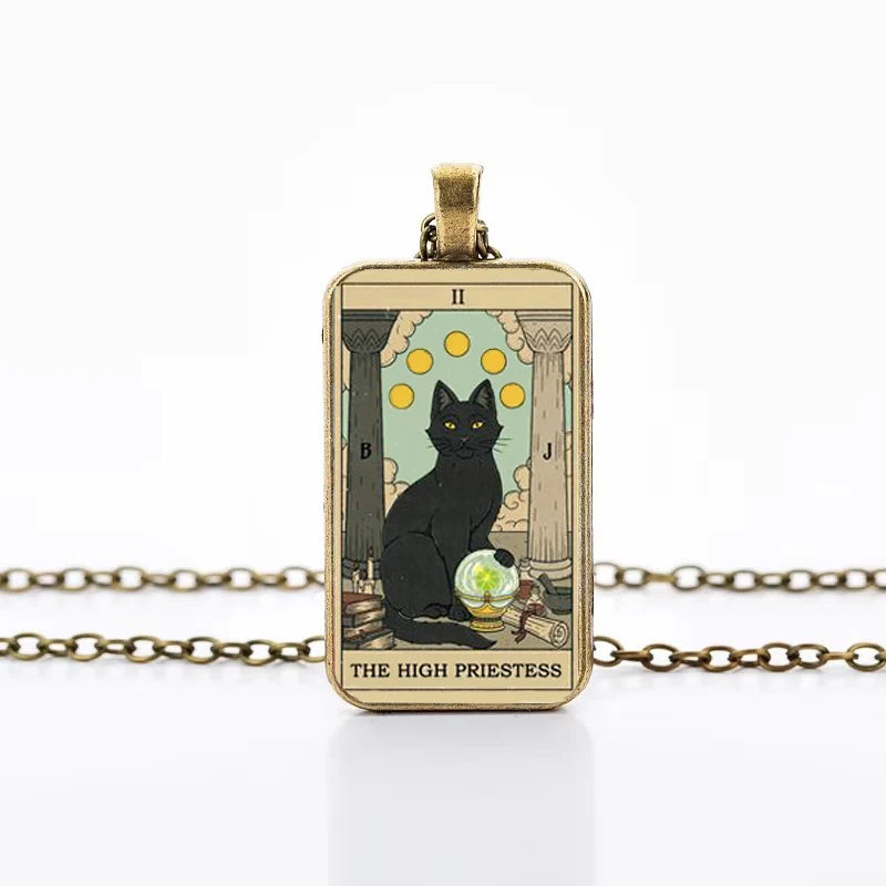 Cute Cat Tarot Card Necklace, Vintage Antique Gold Plated Divination Jewelry