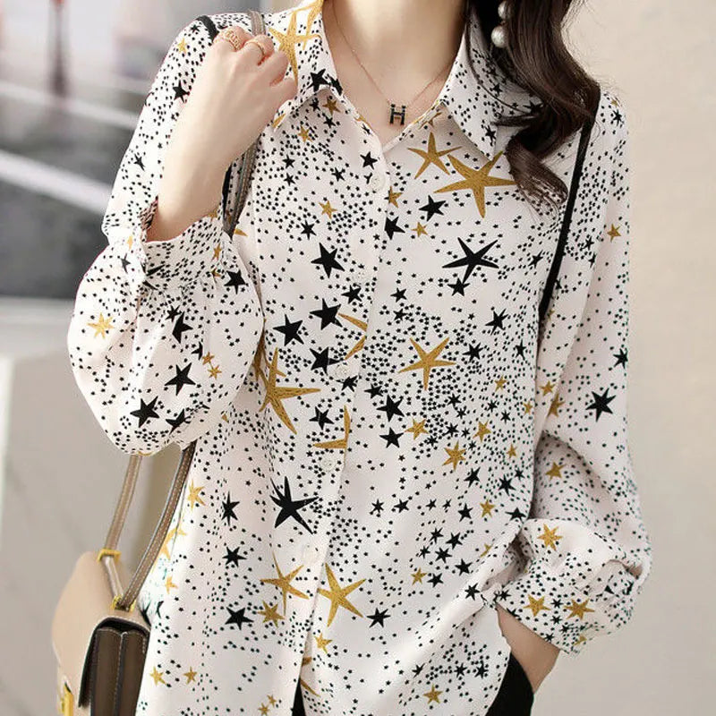 Starry Loose Celestial Blouse - Dress Shirt | White, Yellow, Black