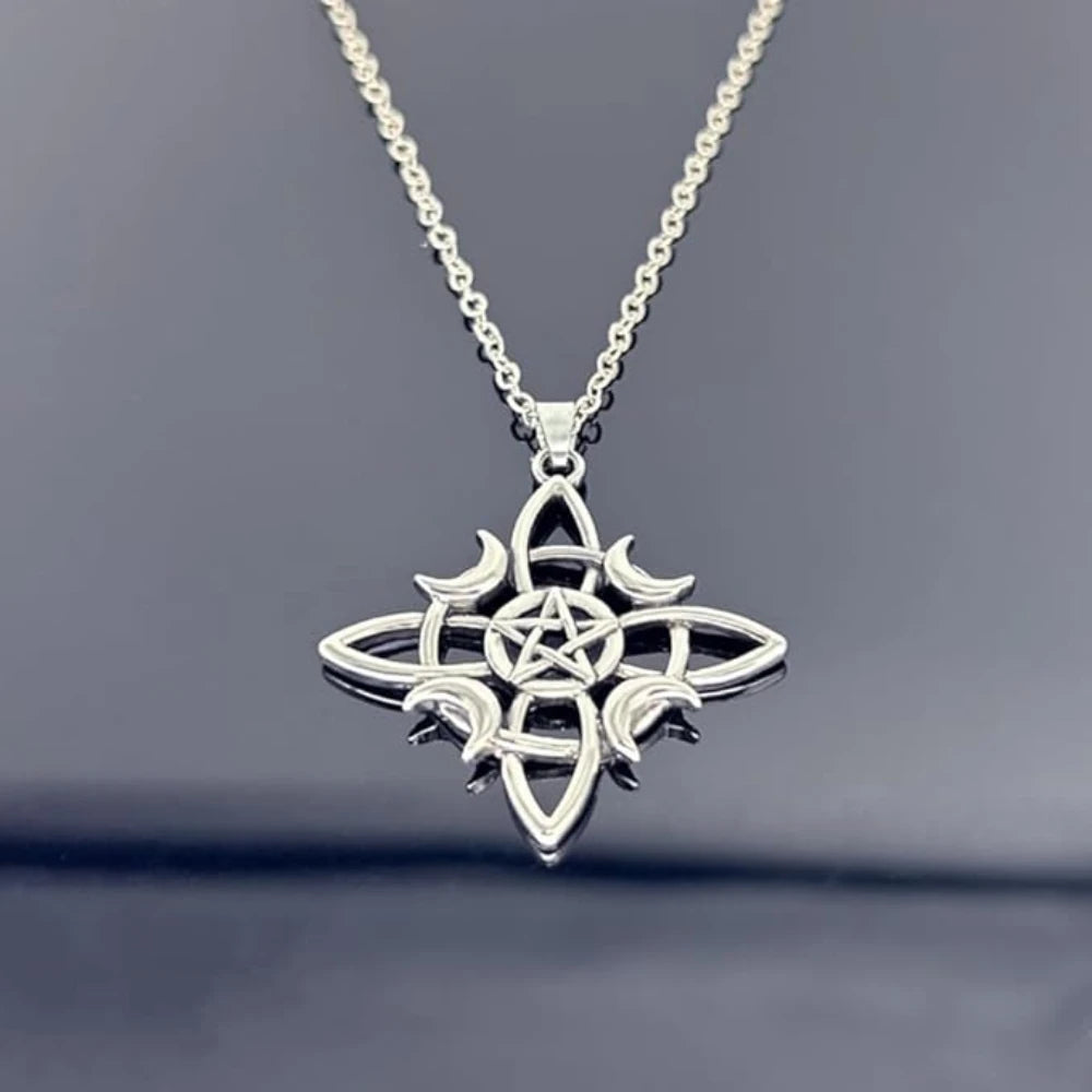 Witchcraft Celtic Knot Triple Moon Necklace for Women, Wicca Pentagram Pendant