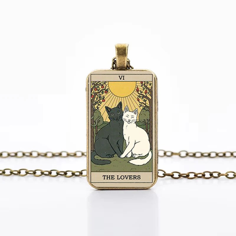 Cute Cat Tarot Card Necklace, Vintage Antique Gold Plated Divination Jewelry
