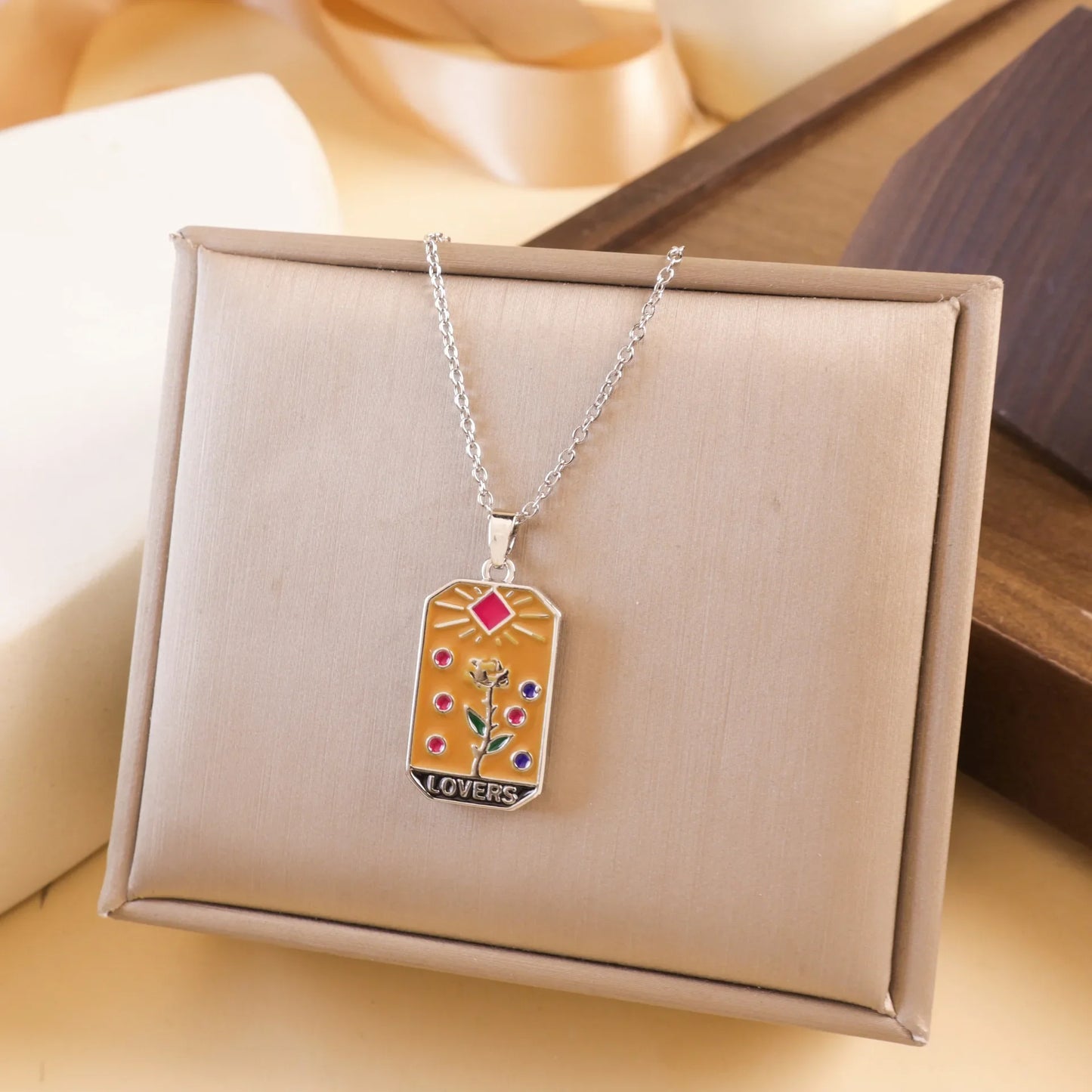 Gold Tarot Card Necklace, Stainless Steel and Bright Enamel Design