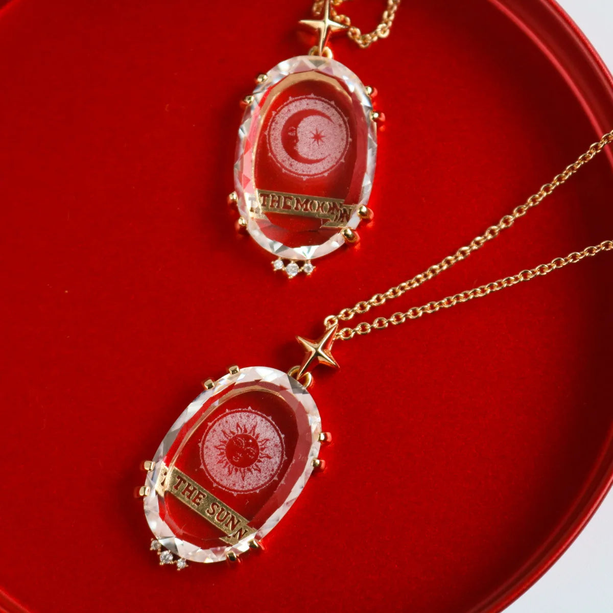 Tarot Card Pendant Necklace, Transparent Crystal Star Moon Sun