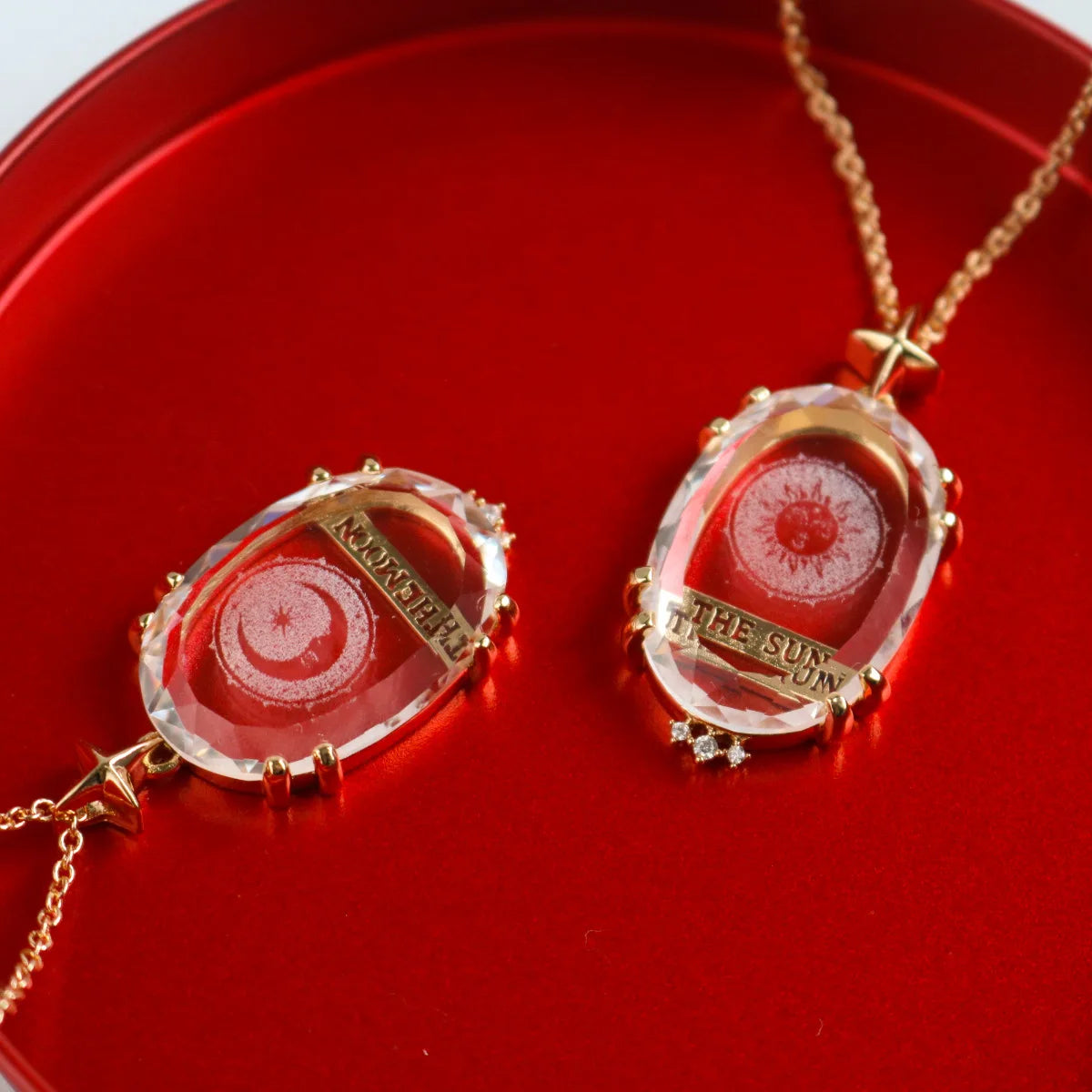 Tarot Card Pendant Necklace, Transparent Crystal Star Moon Sun