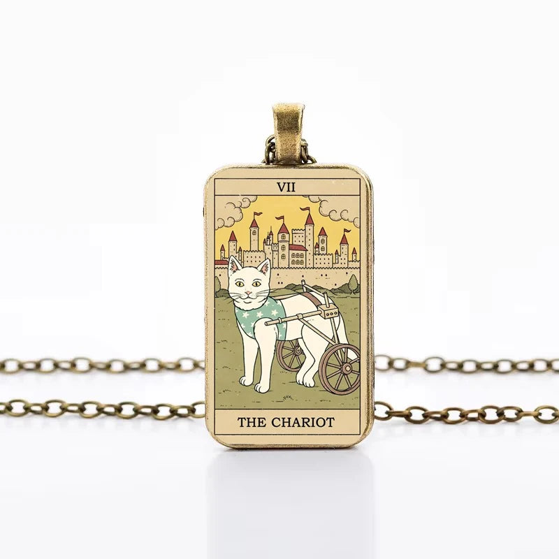 Cute Cat Tarot Card Necklace, Vintage Antique Gold Plated Divination Jewelry