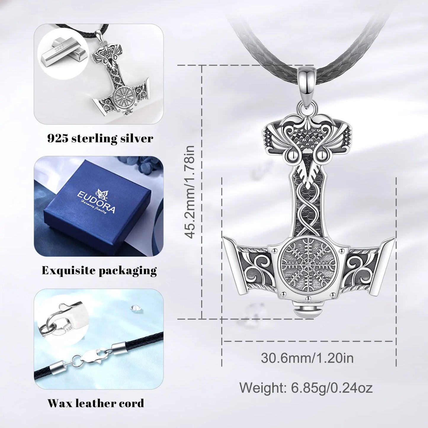 925 Sterling Silver Norse Viking Thor's Hammer Necklace and Pendant Amulet