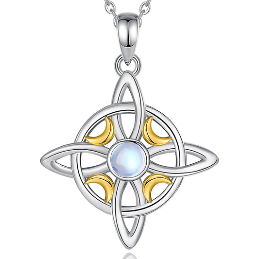 925 Sterling Silver, Gold Moon Witch Celtic Knot Necklace Jewelry