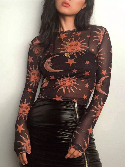 Celestial Sun - Moon Transparent Mesh Long-Sleeve Shirt | Whimsigoth
