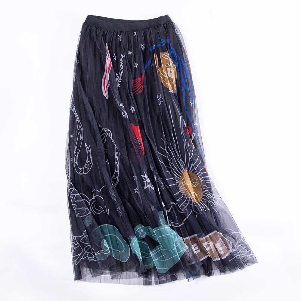 High-waisted Printed Celestial Mesh Skirt |Casual Black Whimsigothic Style