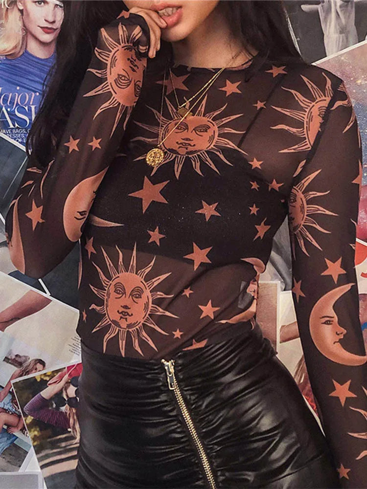 Celestial Sun - Moon Transparent Mesh Long-Sleeve Shirt | Whimsigoth