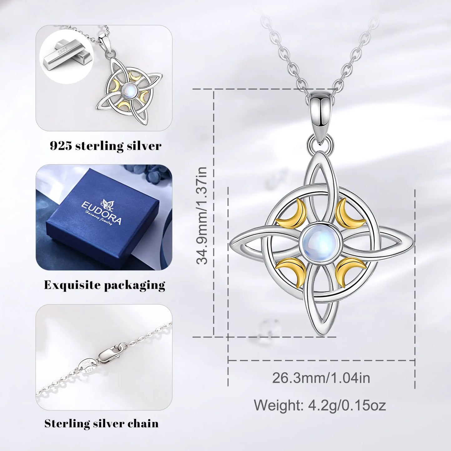 925 Sterling Silver, Gold Moon Witch Celtic Knot Necklace Jewelry