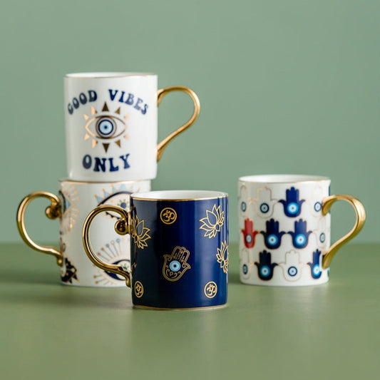 Evil Eye Ceramic Coffee Mug | Nazar, Hamsa Gold Handle Cup