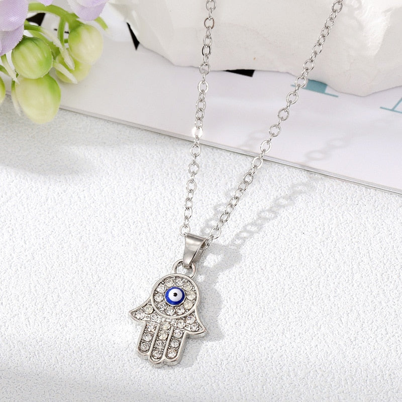 Evil Eye Crystal Necklace | Hamsa Style, Silver Spiritual Jewelry