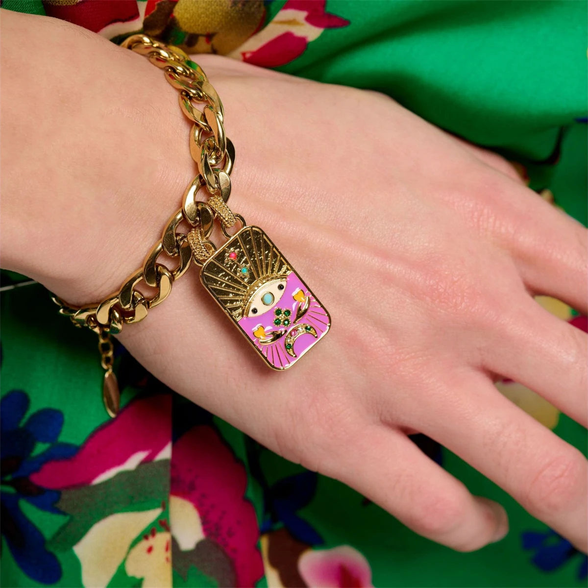 Gold - Pink Evil Eye Heavy Chain Necklace & Bracelet