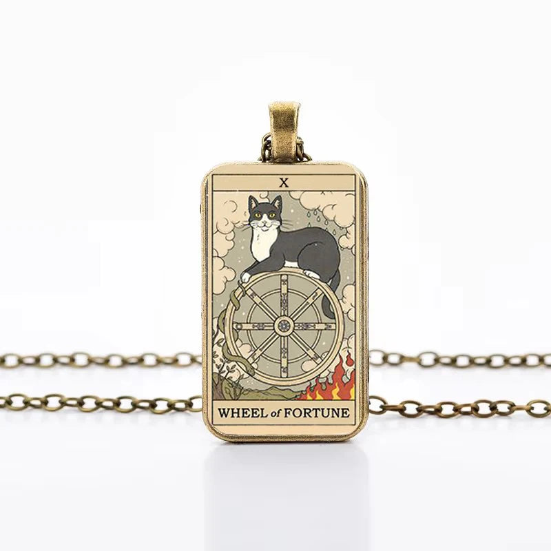 Cute Cat Tarot Card Necklace, Vintage Antique Gold Plated Divination Jewelry