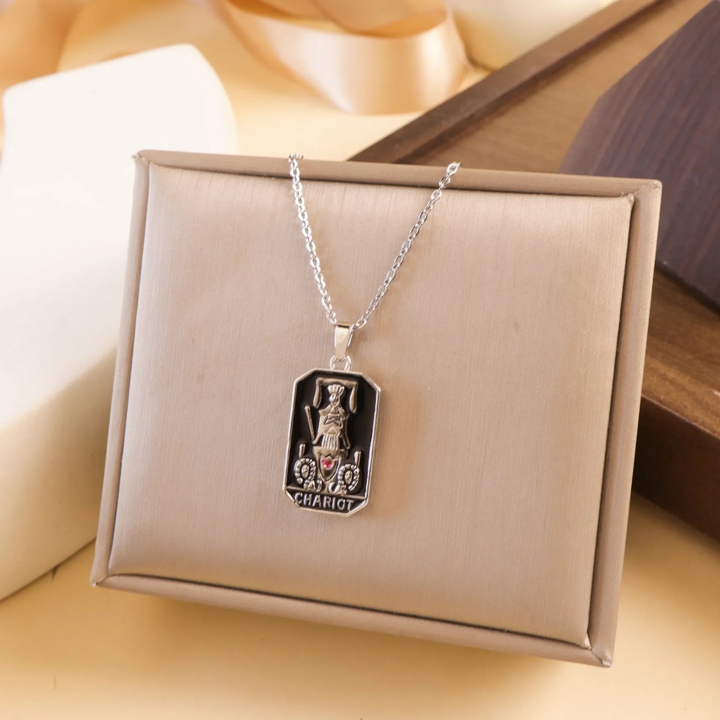 Gold Tarot Card Necklace, Stainless Steel and Bright Enamel Design