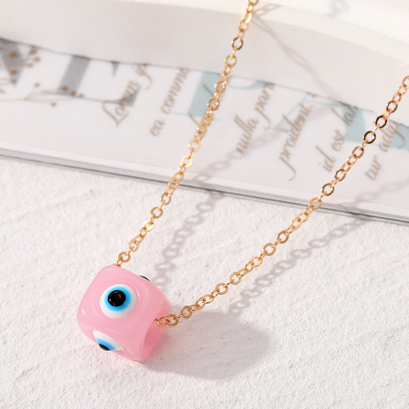 Pink Cubed Evil Eye Pendant - Gold Link Chain Necklace