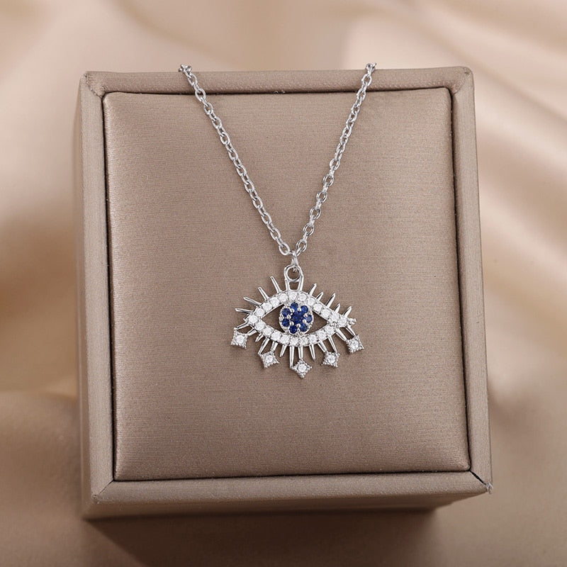 Turkish Evil Eye Gold Pendant Necklace for Women | Natural Crystal Cubic Zirconia