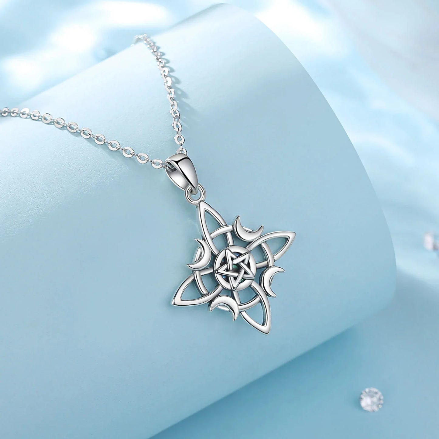 Witchcraft Celtic Knot Triple Moon Necklace for Women, Wicca Pentagram Pendant