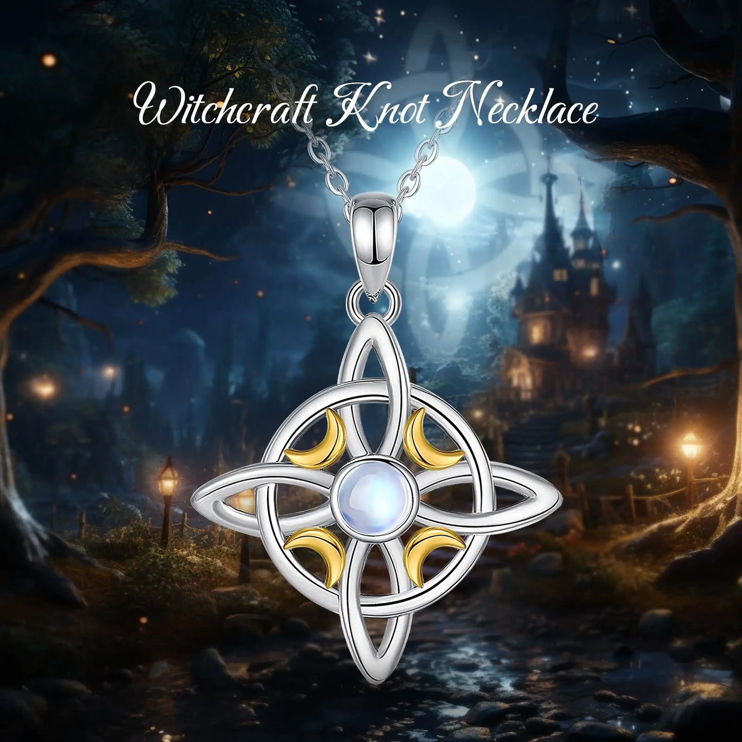925 Sterling Silver, Gold Moon Witch Celtic Knot Necklace Jewelry
