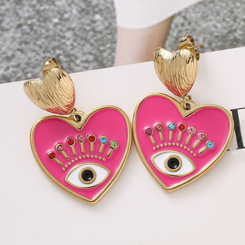 Colorful Evil Eye Heart Earrings | 14k Gold Plated | Nazar Jewelry