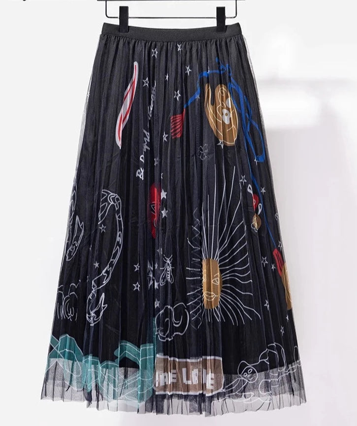 High-waisted Printed Celestial Mesh Skirt |Casual Black Whimsigothic Style