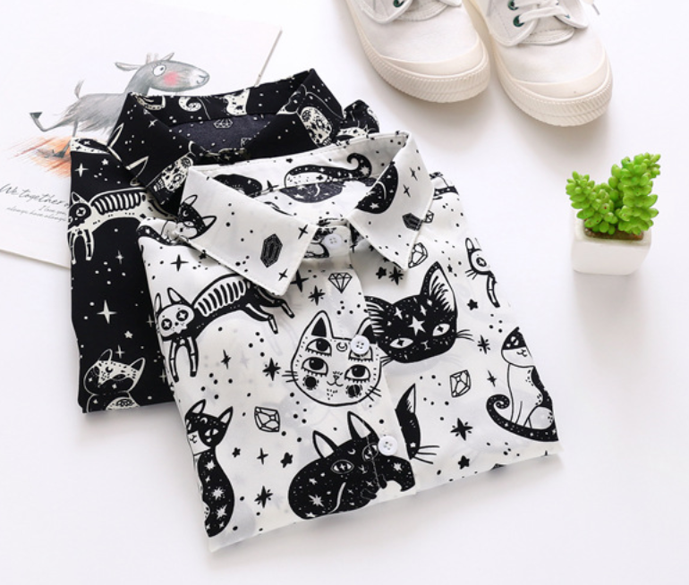 Women's Witchy Spiritual Cat Button Up Shirt