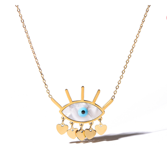 Gold Evil Eye Drop Necklace | Enamel Jewelry with Hearts