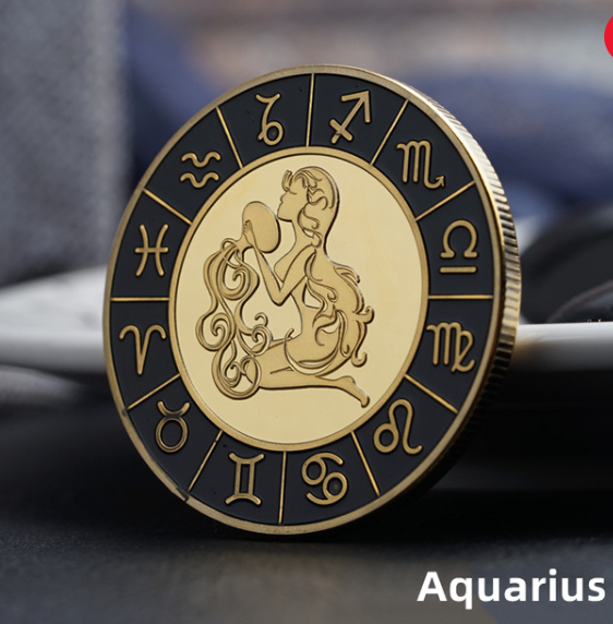 Gold / Black Zodiac Coin - Stainless Steel - Horoscope, Astrology theme