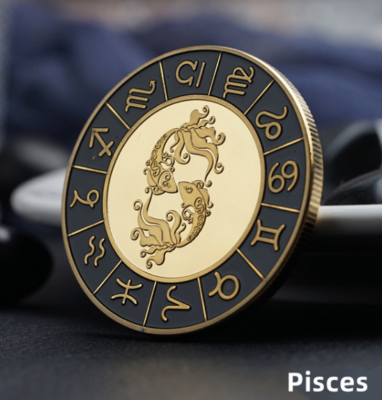 Gold / Black Zodiac Coin - Stainless Steel - Horoscope, Astrology theme