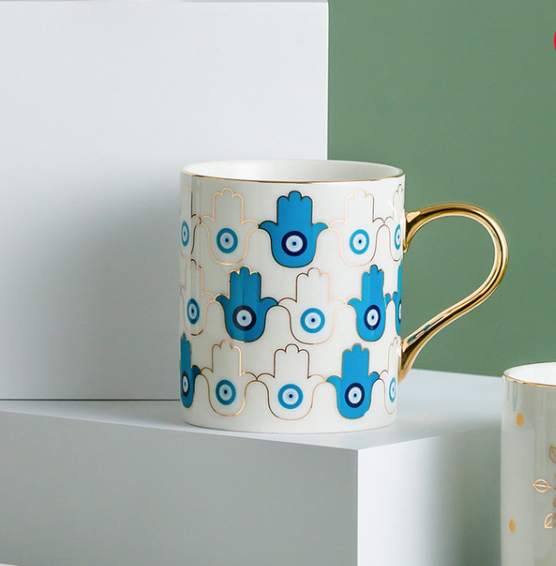 Evil Eye Ceramic Coffee Mug | Nazar, Hamsa Gold Handle Cup