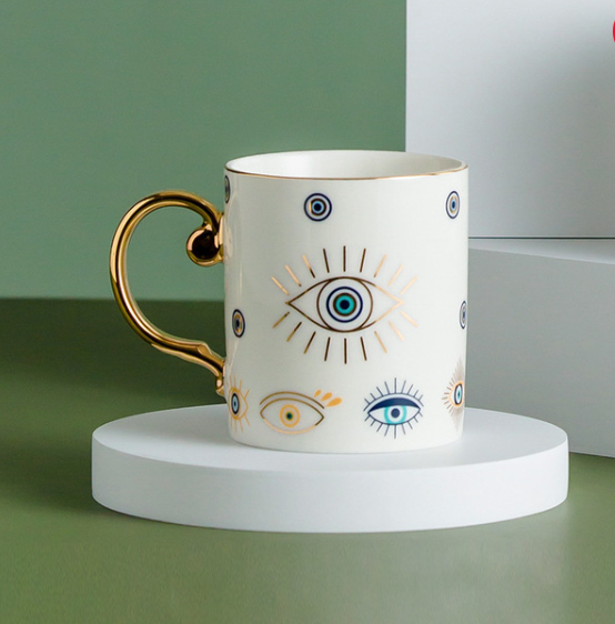 Evil Eye Ceramic Coffee Mug | Nazar, Hamsa Gold Handle Cup