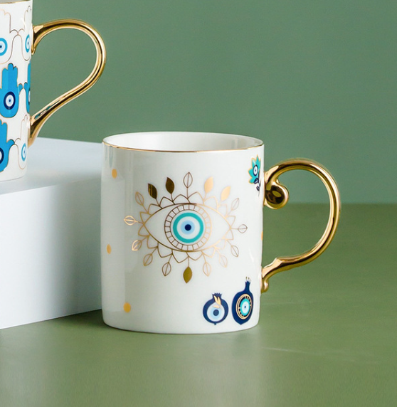 Evil Eye Ceramic Coffee Mug | Nazar, Hamsa Gold Handle Cup
