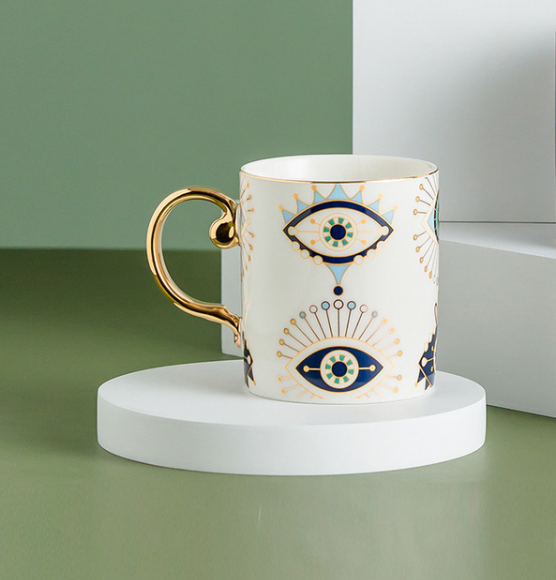 Evil Eye Ceramic Coffee Mug | Nazar, Hamsa Gold Handle Cup