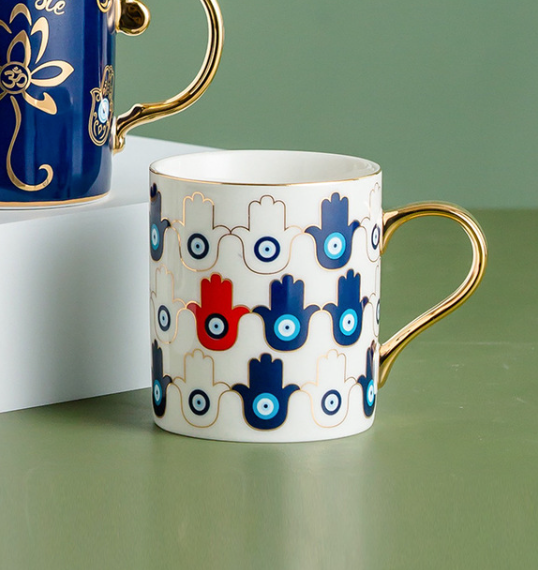 Evil Eye Ceramic Coffee Mug | Nazar, Hamsa Gold Handle Cup