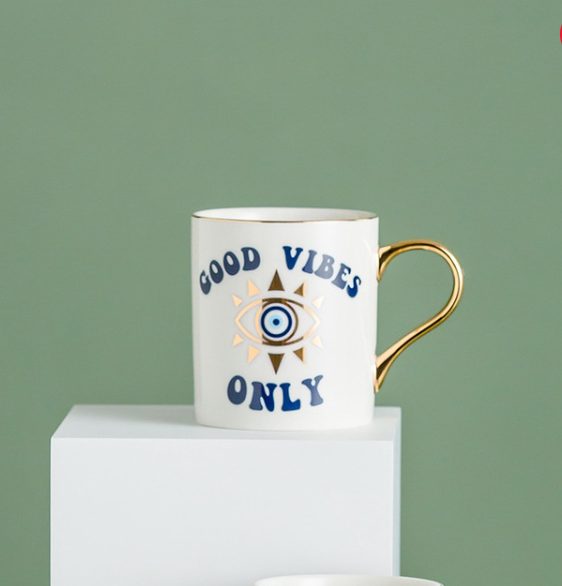 Evil Eye Ceramic Coffee Mug | Nazar, Hamsa Gold Handle Cup