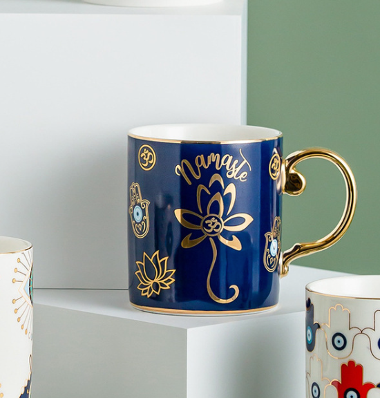 Evil Eye Ceramic Coffee Mug | Nazar, Hamsa Gold Handle Cup