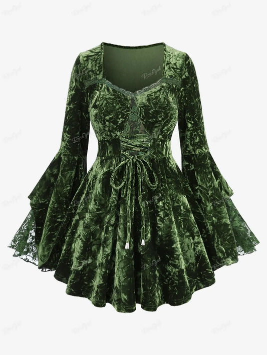 Spiritual Forest, Green Rose Dress Long Sleeve Frill - Ruffles Apparel