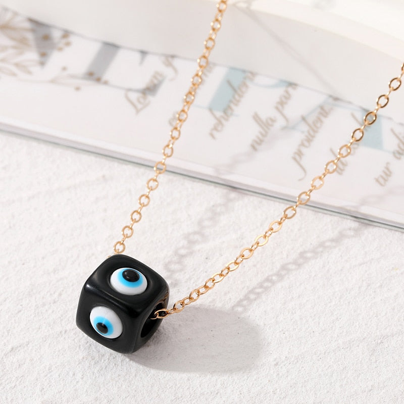 Black Red Cubed Evil Eye Pendant - Gold Link Chain Necklace